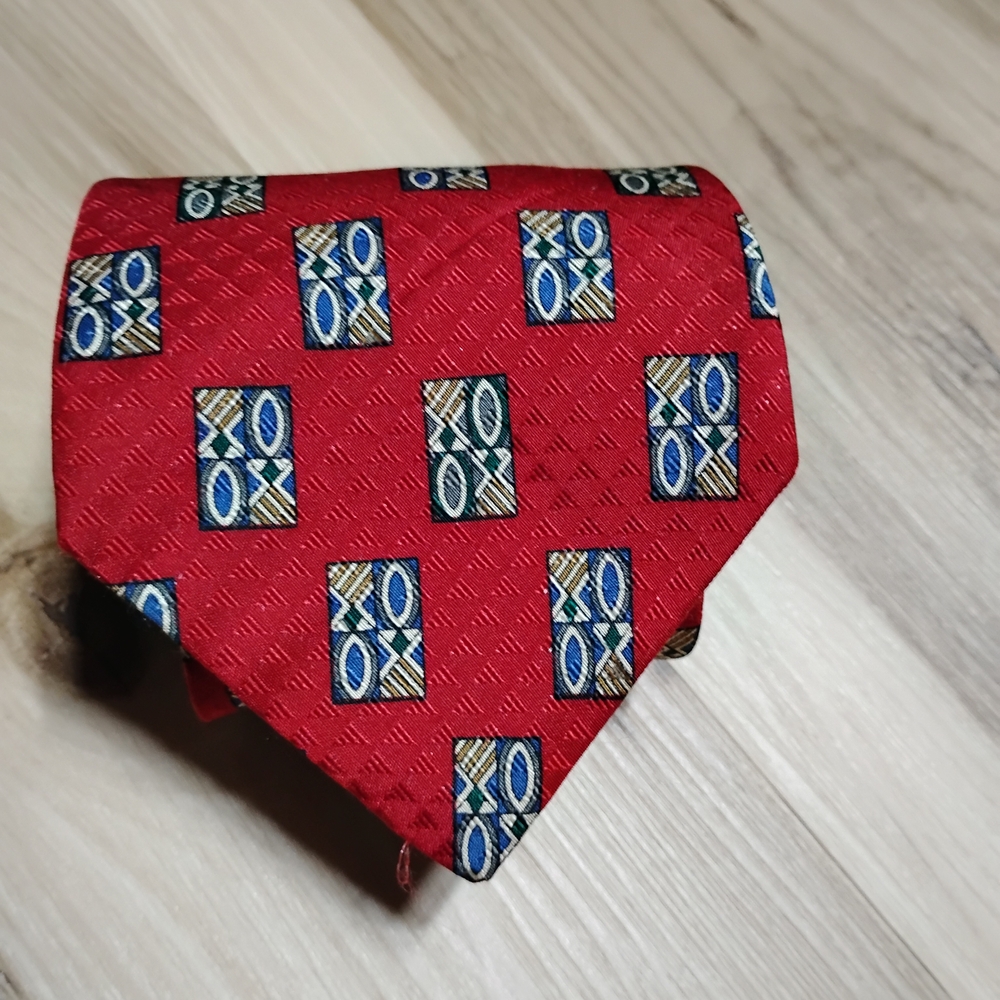 Chaps Red Tie with Blue and Gold Geometric Pattern